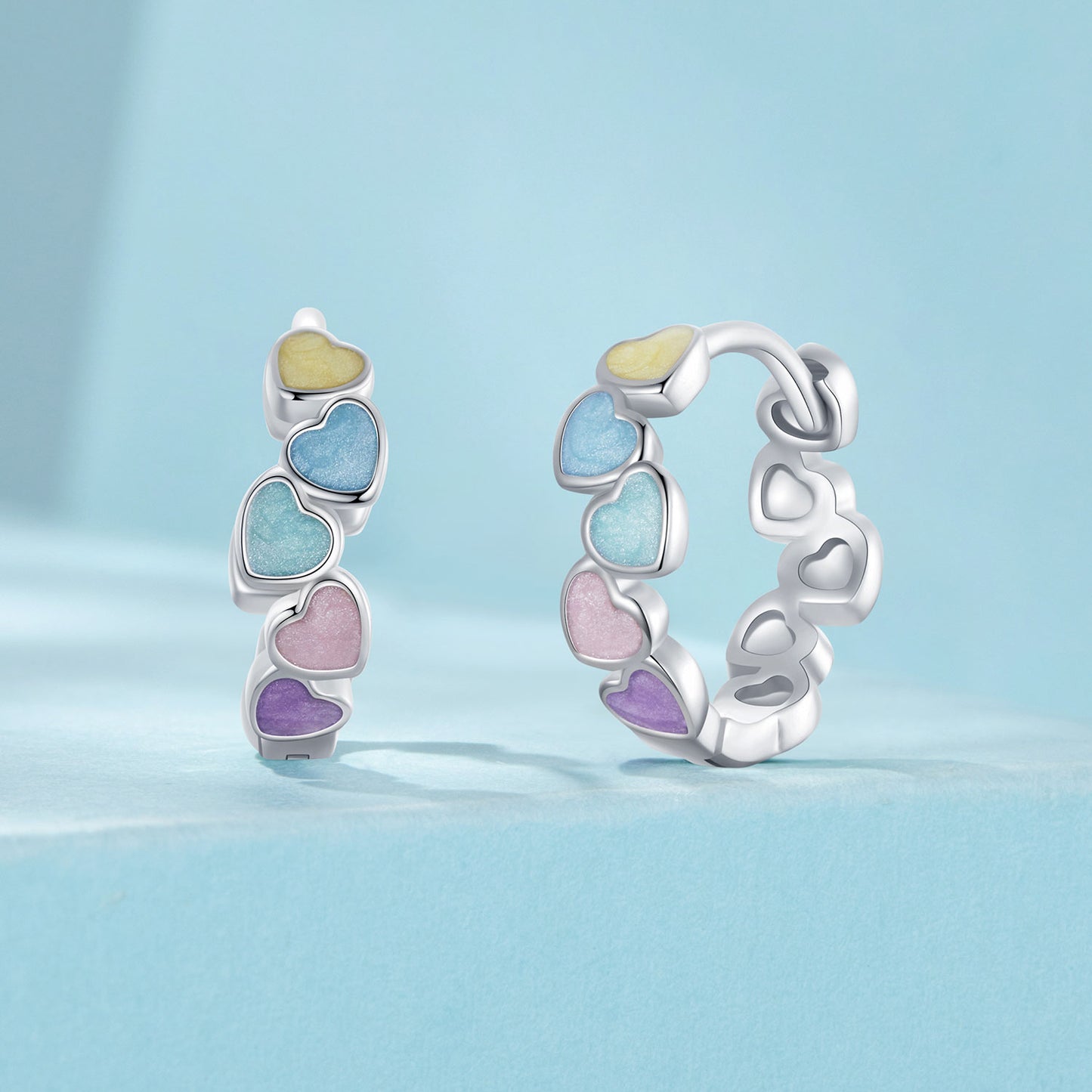 Hoop Earrings Colorful Hearts S925 Silver