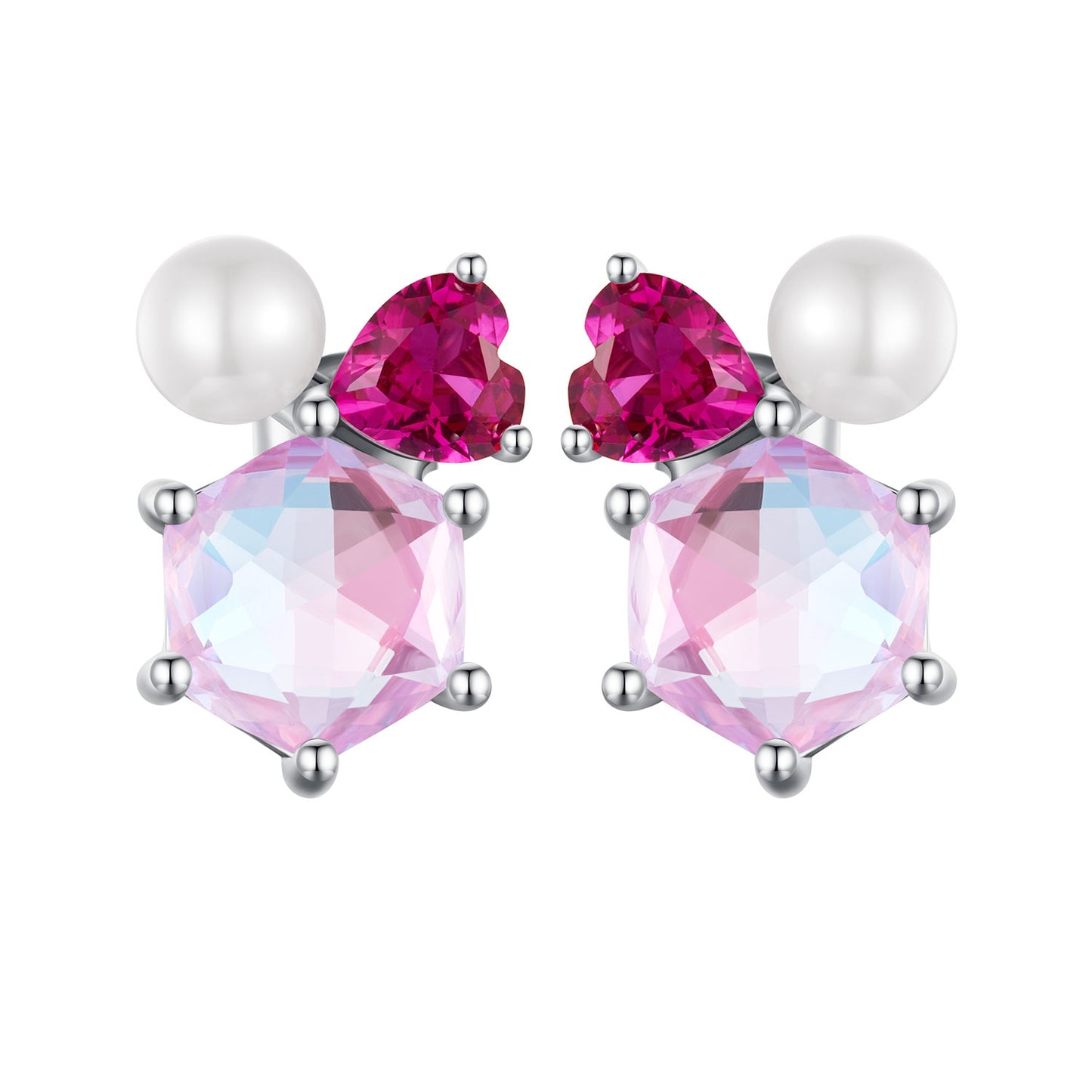 Stud Earrings Pink Shining CZ Stone wth Glass Pearl