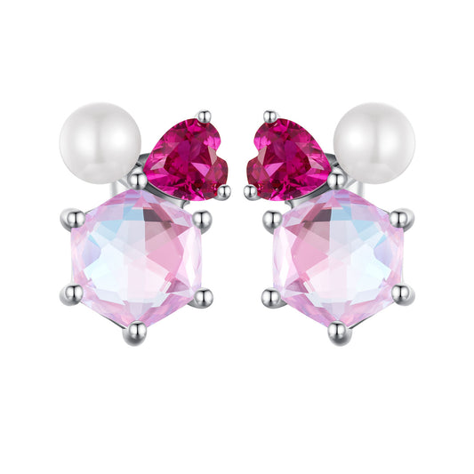 Stud Earrings Pink Shining CZ Stone wth Glass Pearl