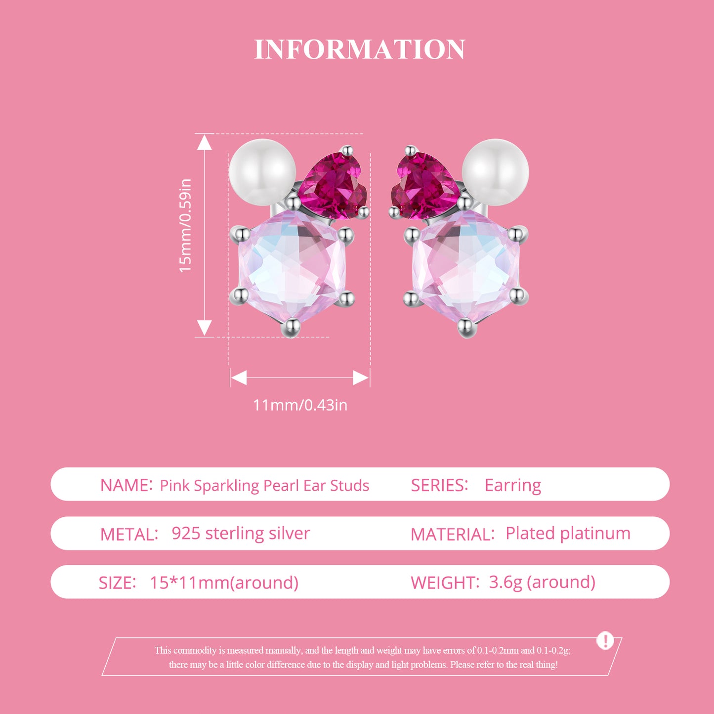 Stud Earrings Pink Shining CZ Stone wth Glass Pearl