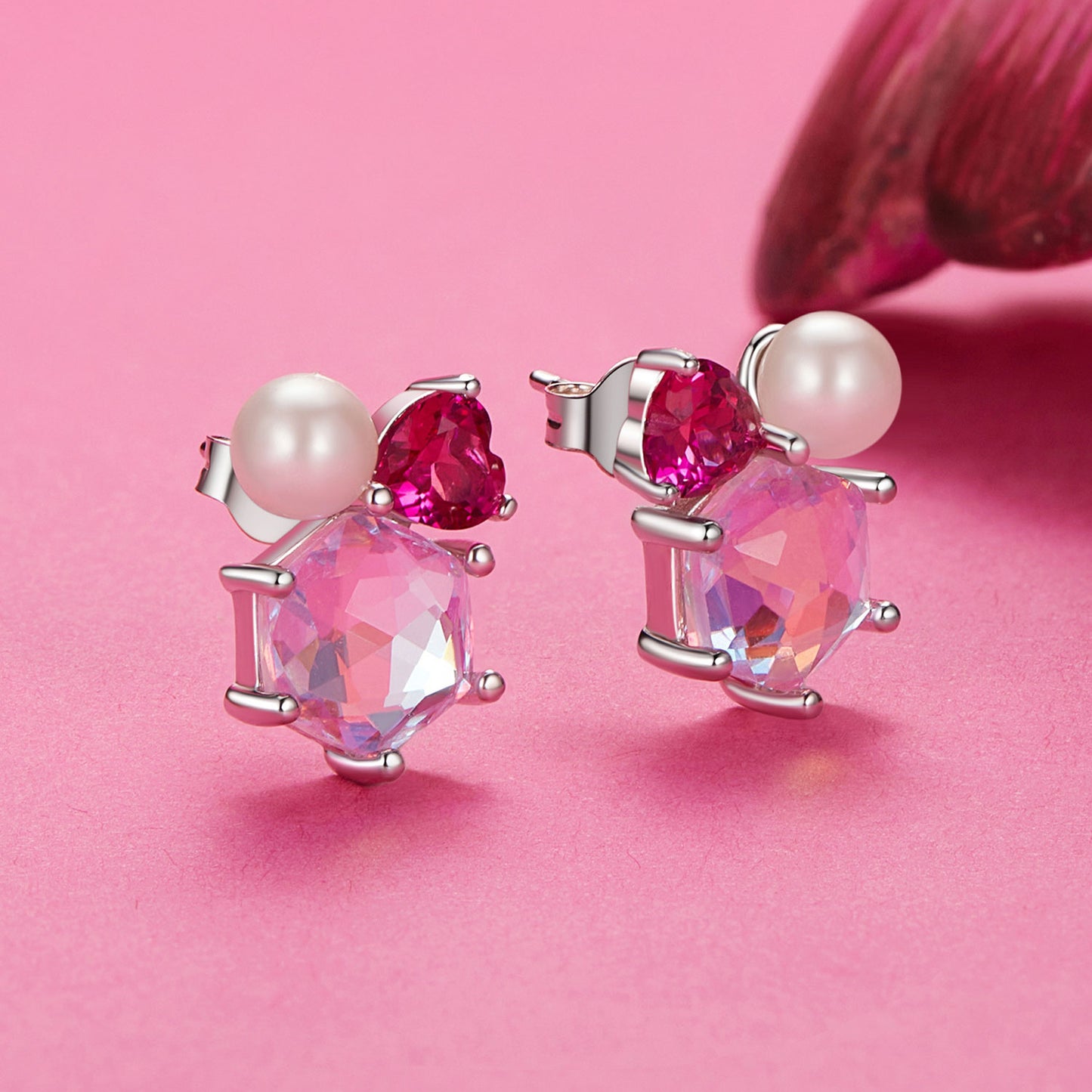 Stud Earrings Pink Shining CZ Stone wth Glass Pearl