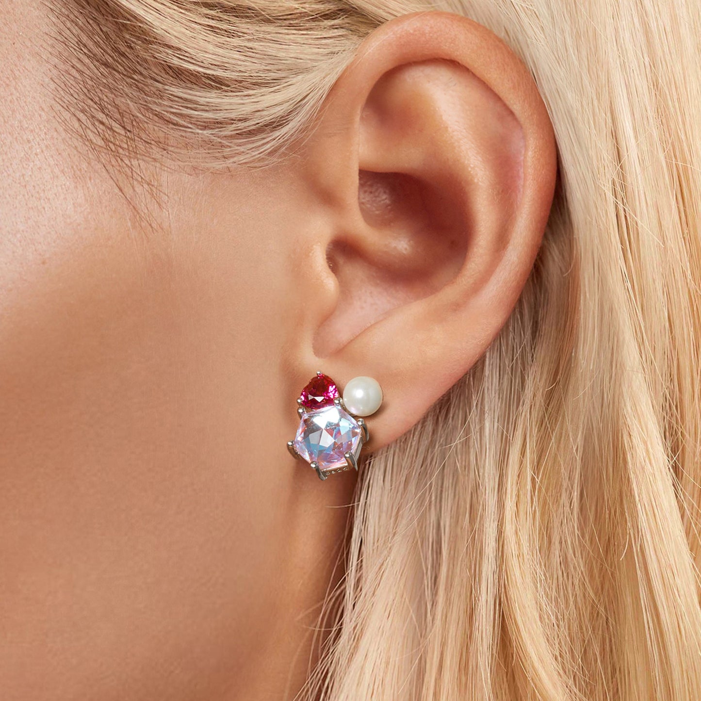 Stud Earrings Pink Shining CZ Stone wth Glass Pearl