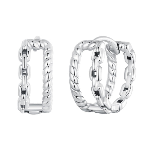 Hoop Earrings Retro Pattern Twisted and Chain S925 Silver