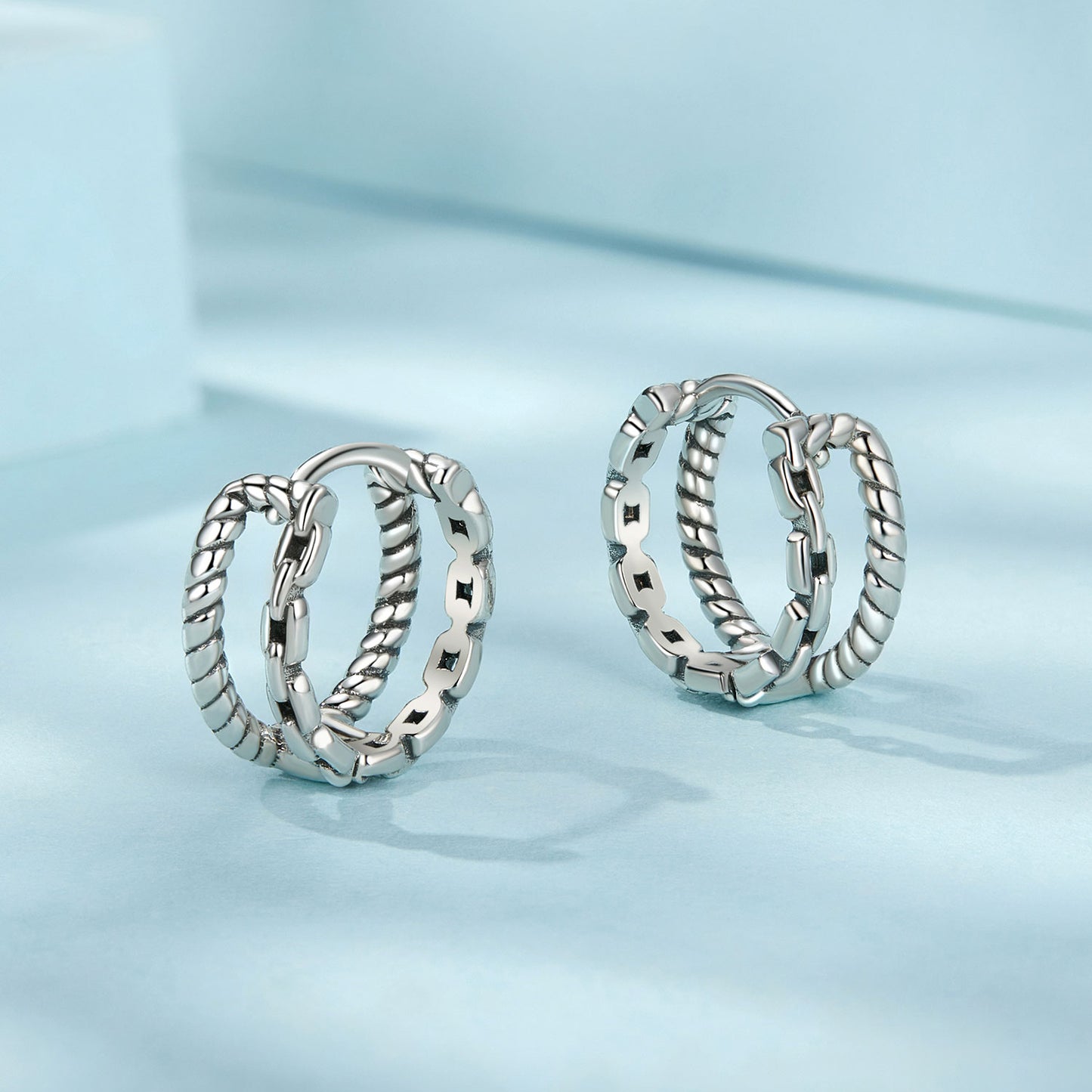 Hoop Earrings Retro Pattern Twisted and Chain S925 Silver