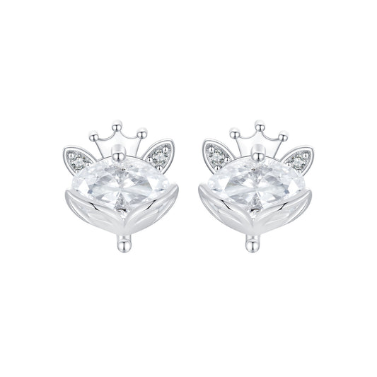 Stud Earrings Fox With Crown S925 Silver CZ Stone