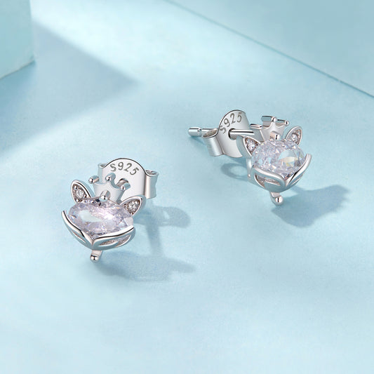 Stud Earrings Fox With Crown S925 Silver CZ Stone