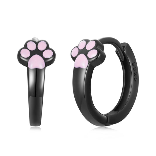 Hoop Huggie Earrings Cute Cat Paws S925 Silver Black Plated