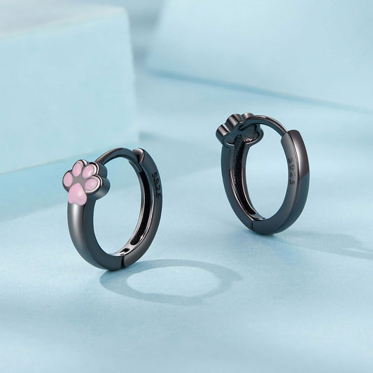 Hoop Huggie Earrings Cute Cat Paws S925 Silver Black Plated