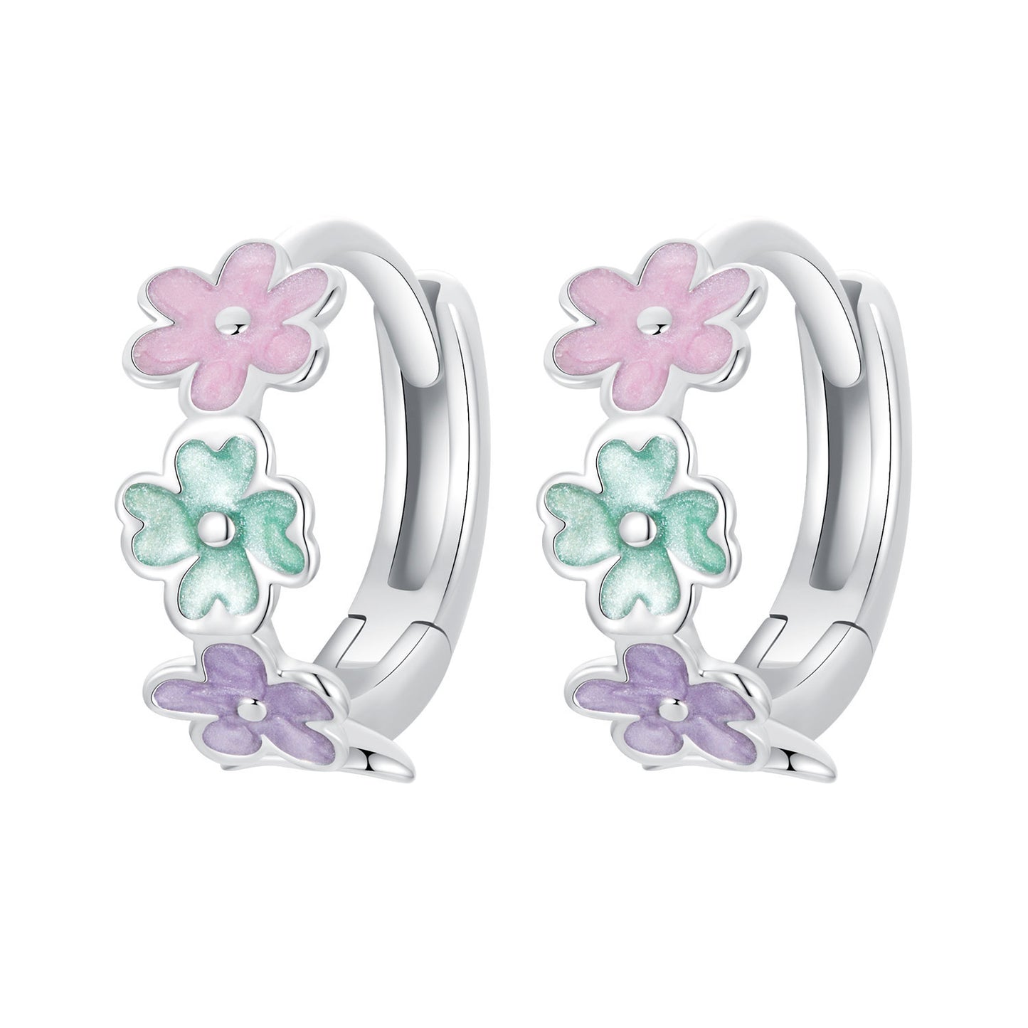 Hoop Earrings Colorful Flowers S925 Silver