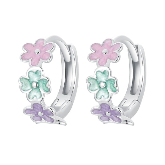 Hoop Earrings Colorful Flowers S925 Silver