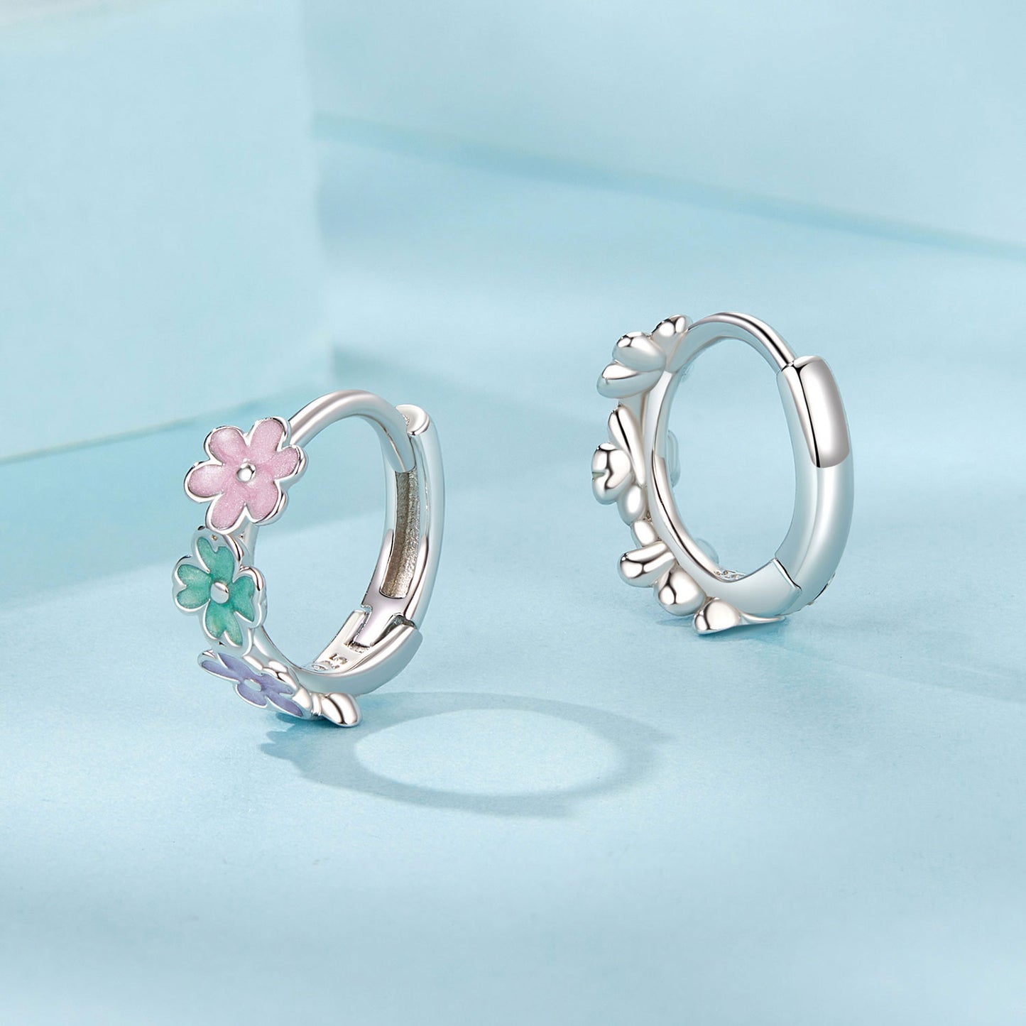 Hoop Earrings Colorful Flowers S925 Silver