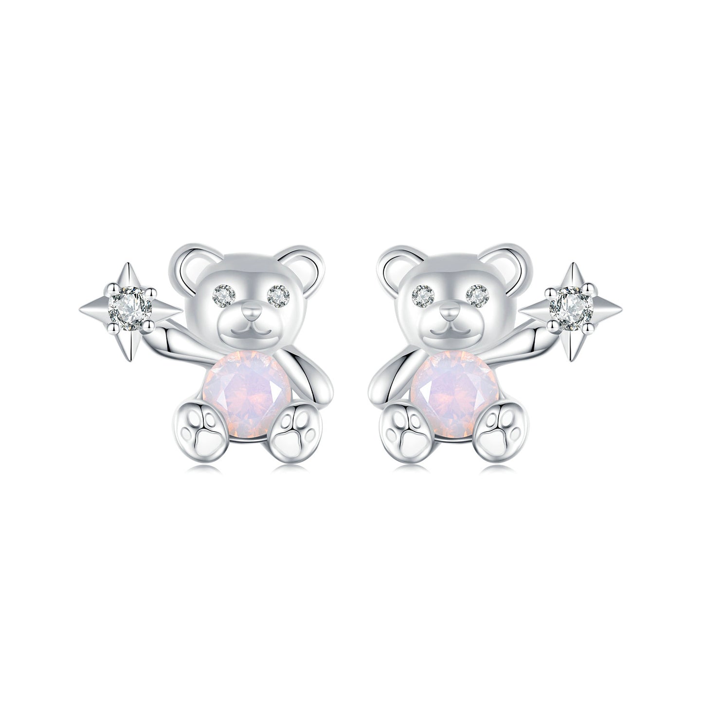 Stud Earrings Adorable Bear Pink Opal S925 Silver