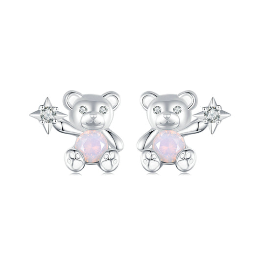 Stud Earrings Adorable Bear Pink Opal S925 Silver