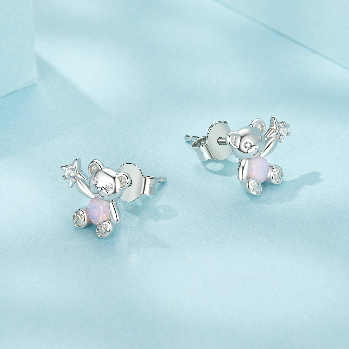 Stud Earrings Adorable Bear Pink Opal S925 Silver