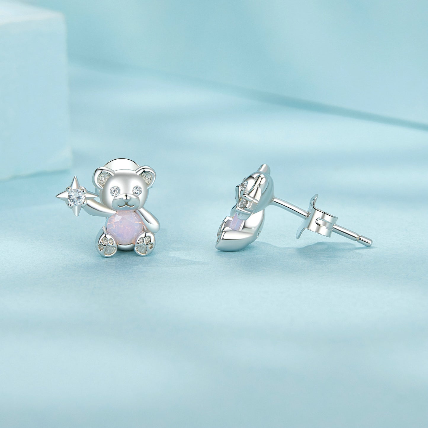 Stud Earrings Adorable Bear Pink Opal S925 Silver