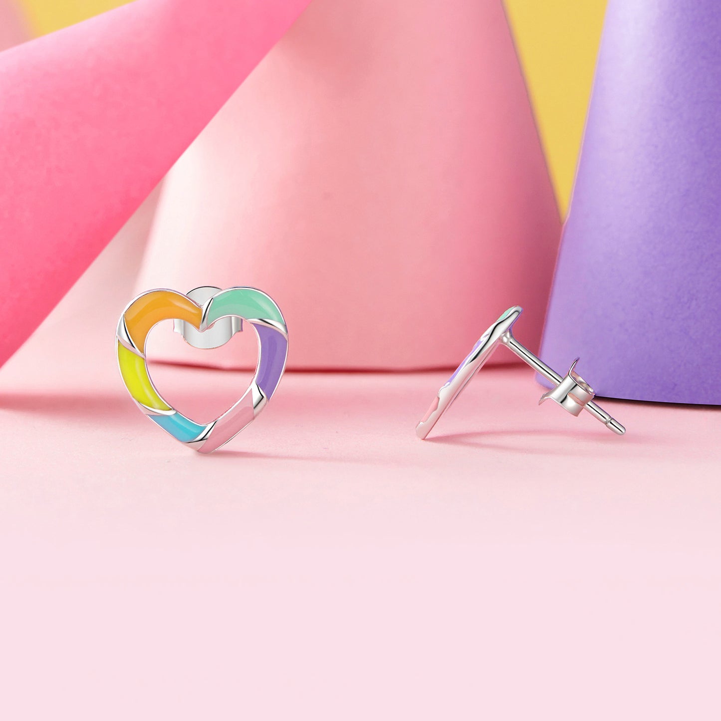 Stud Earrings Rainbow Heart S925 Silver