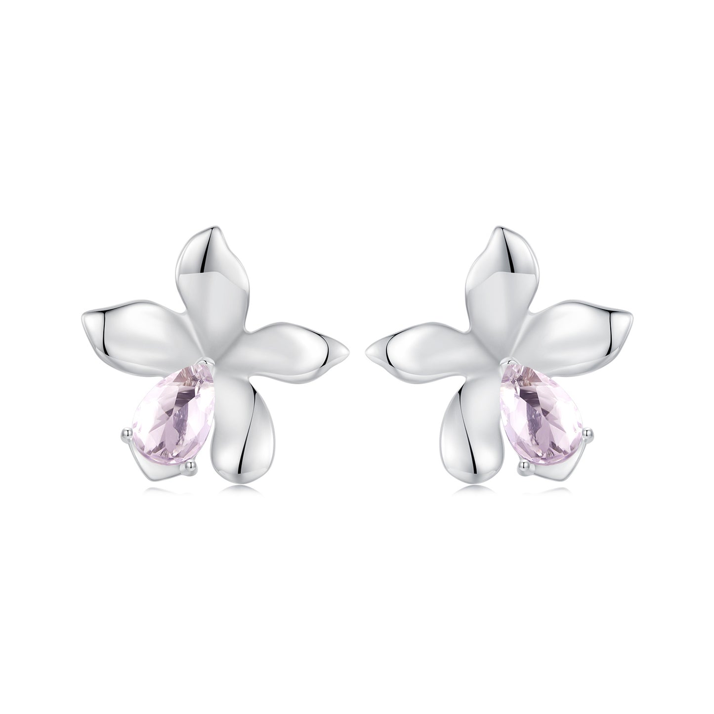 Stud Earrings Delicate Flower S925 Silver Pink Stones