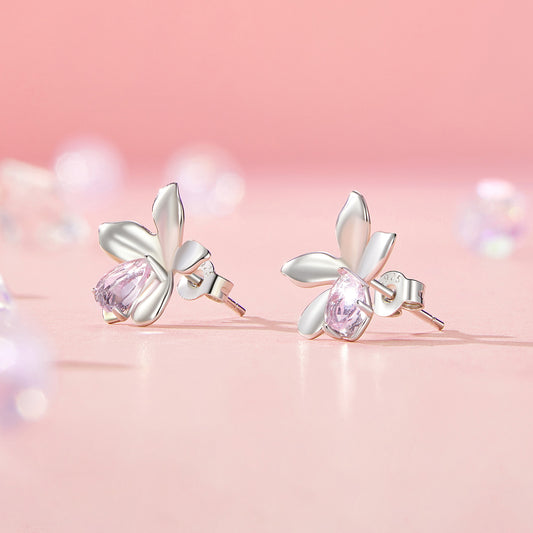 Stud Earrings Delicate Flower S925 Silver Pink Stones