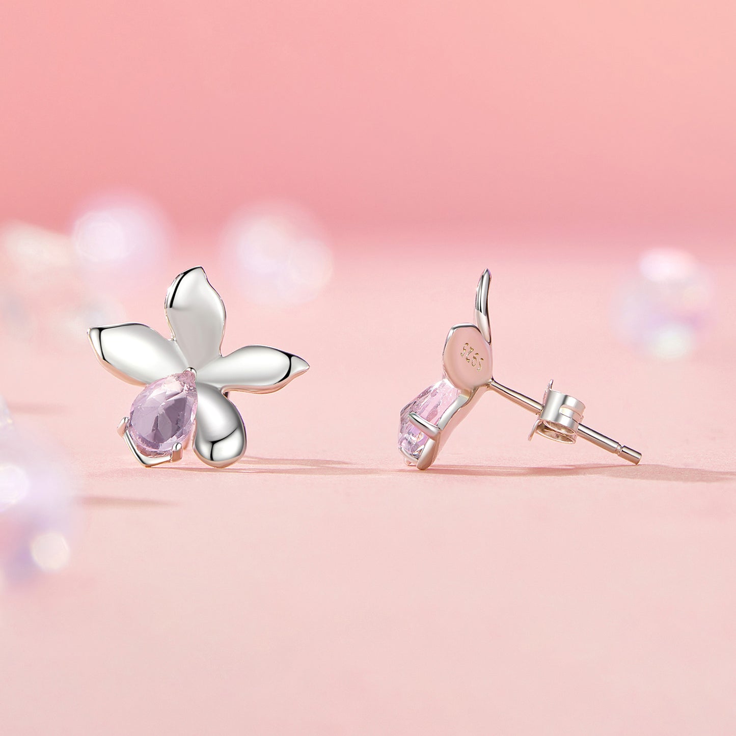 Stud Earrings Delicate Flower S925 Silver Pink Stones