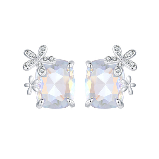 Stud Earrings Shining Stone With Flowers S925 Silver CZ Stone