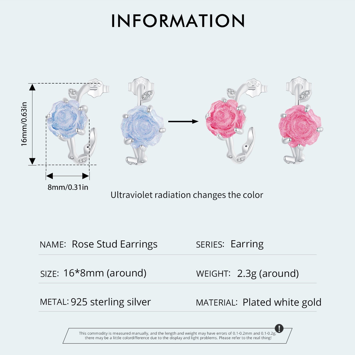 Stud Earrings Blue Rose Change Color S925 Silver