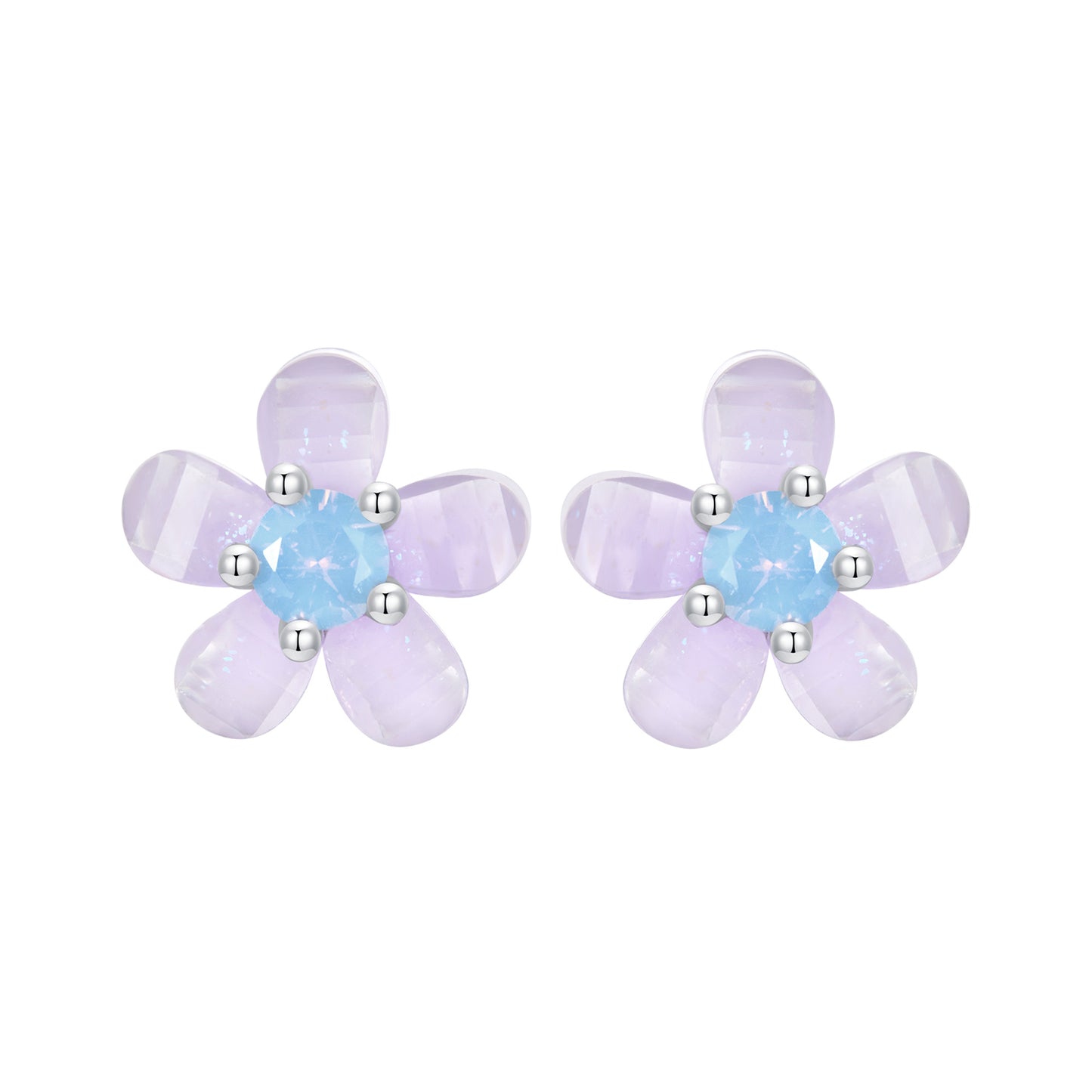 Stud Earrings Purple Flower S925 Silver With Opal and Resin