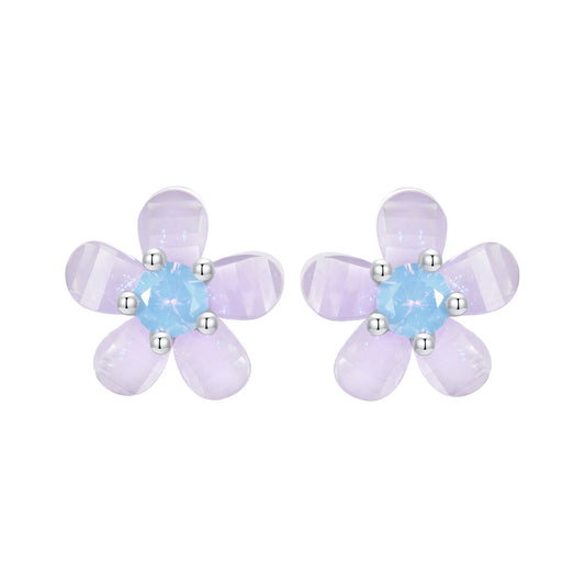 Stud Earrings Purple Flower S925 Silver With Opal and Resin