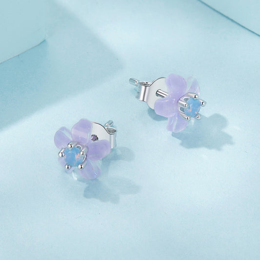 Stud Earrings Purple Flower S925 Silver With Opal and Resin