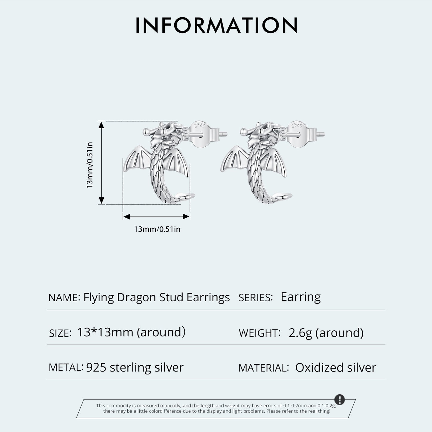 Stud Earrings Fly Dragon S925 Silver