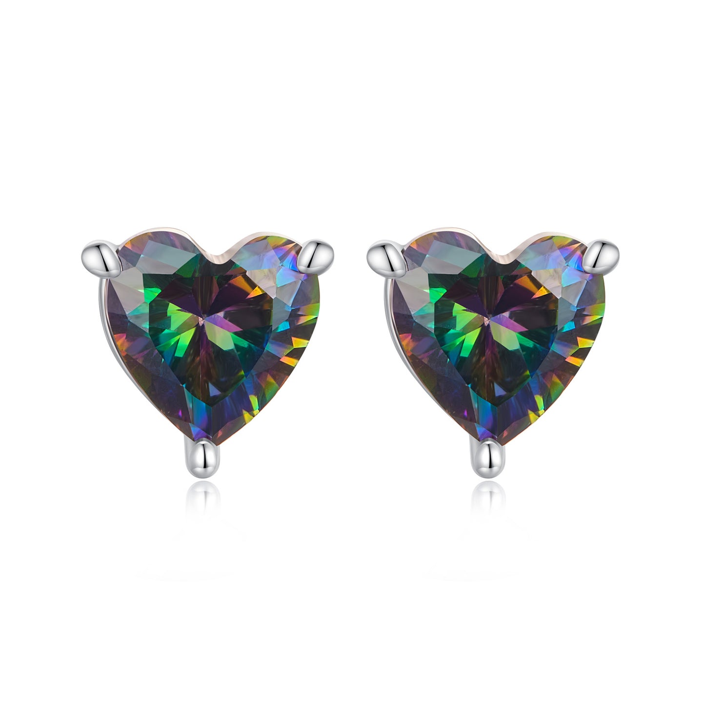 Stud Earrings Heart Shape S925 Silver  With Colorful Glass