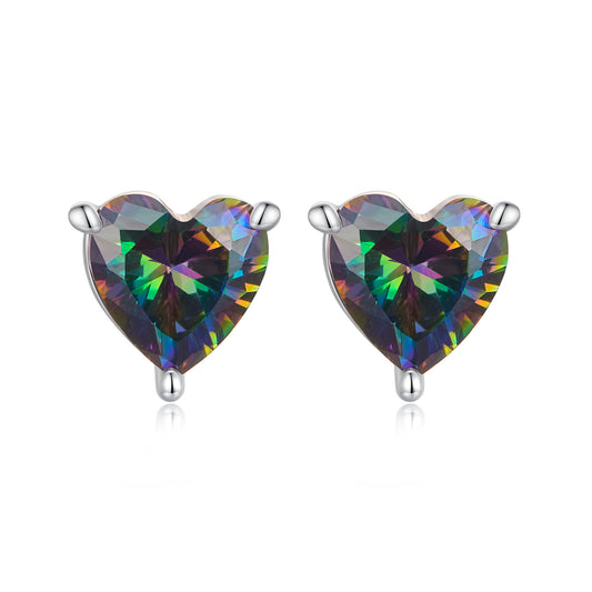 Stud Earrings Heart Shape S925 Silver  With Colorful Glass