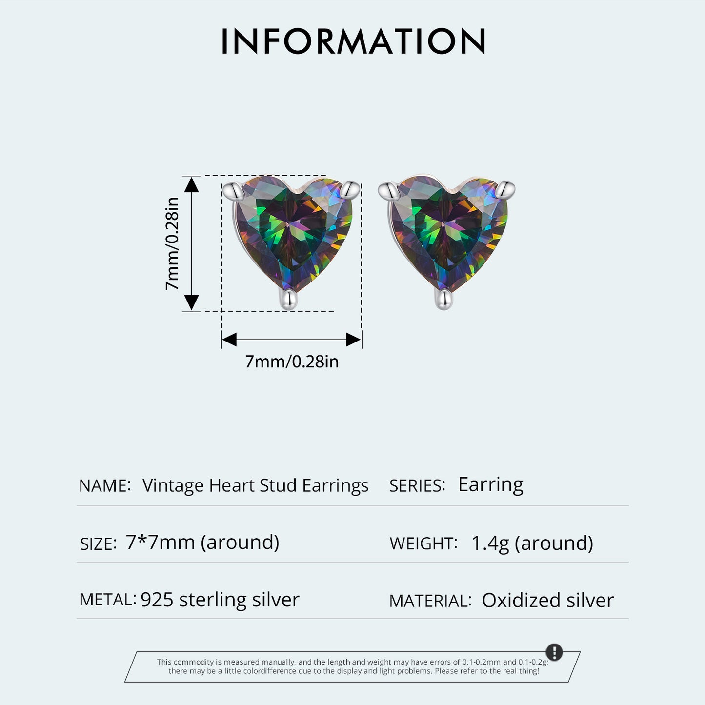 Stud Earrings Heart Shape S925 Silver  With Colorful Glass