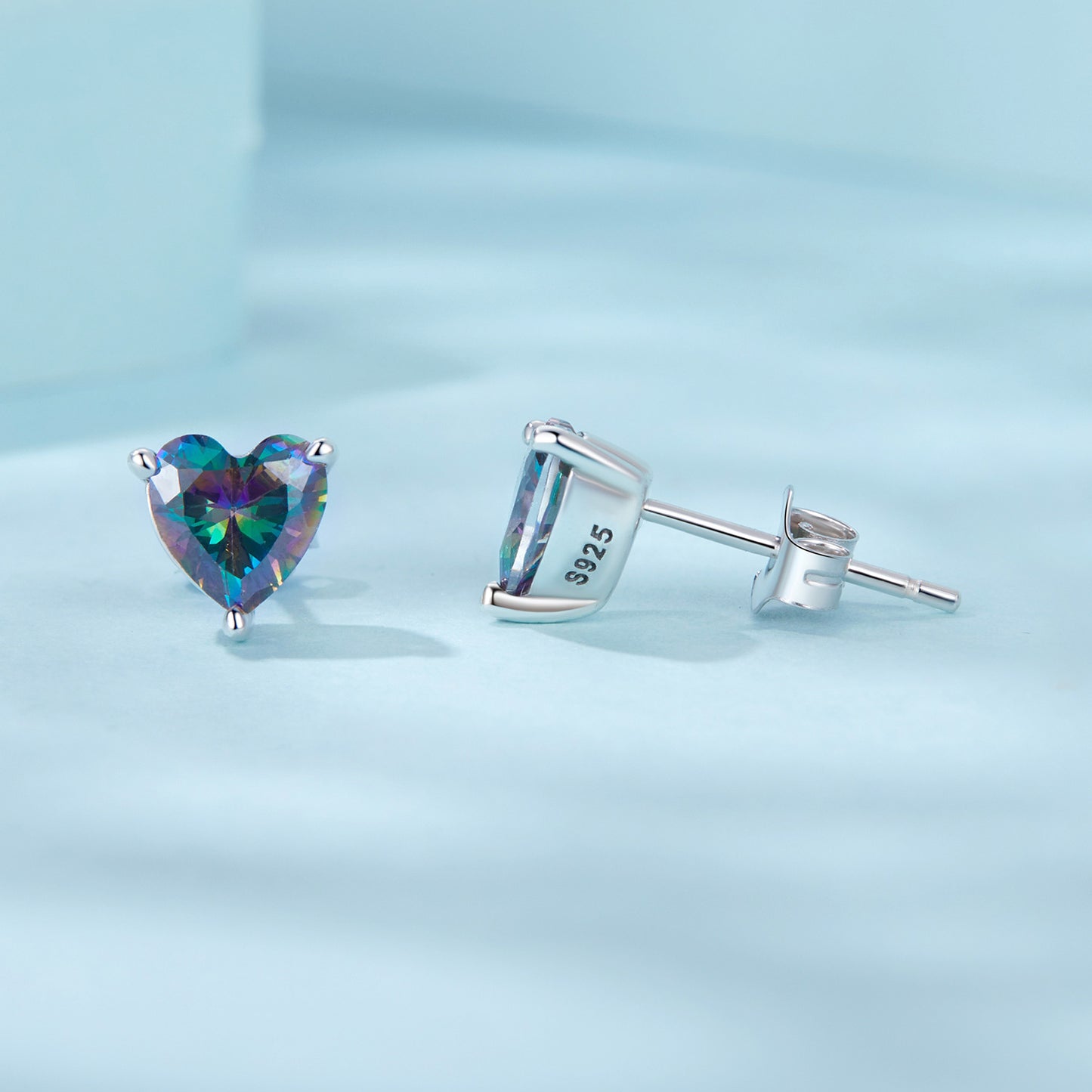 Stud Earrings Heart Shape S925 Silver  With Colorful Glass