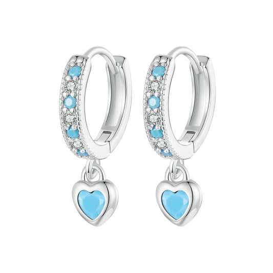 Hoop Earrings Heart Pendant S925 Silver With Synthetic Turquoise