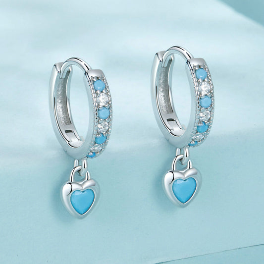 Hoop Earrings Heart Pendant S925 Silver With Synthetic Turquoise