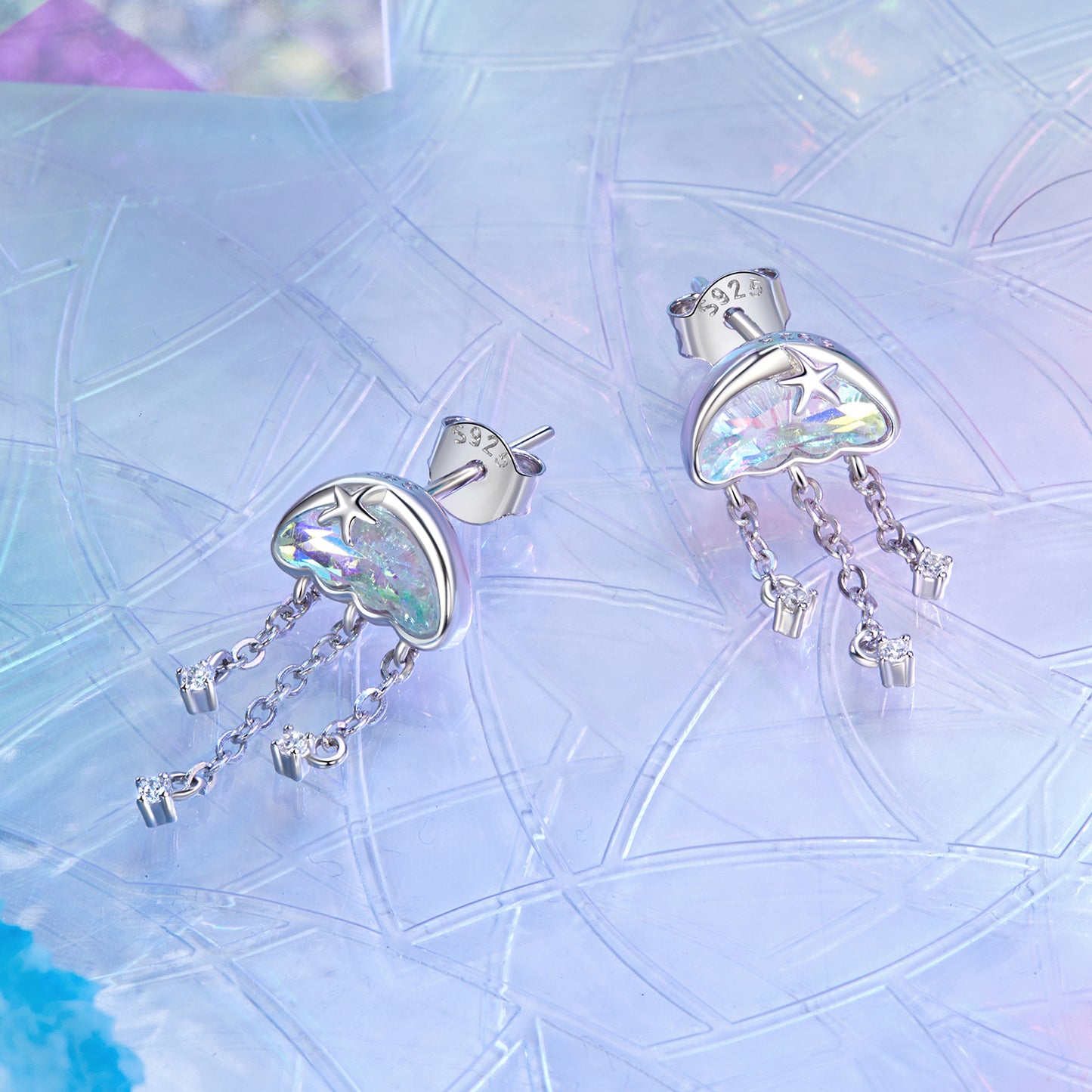 Stud Earrings Jellyfish Tassel Transparent Glass S925 Silver