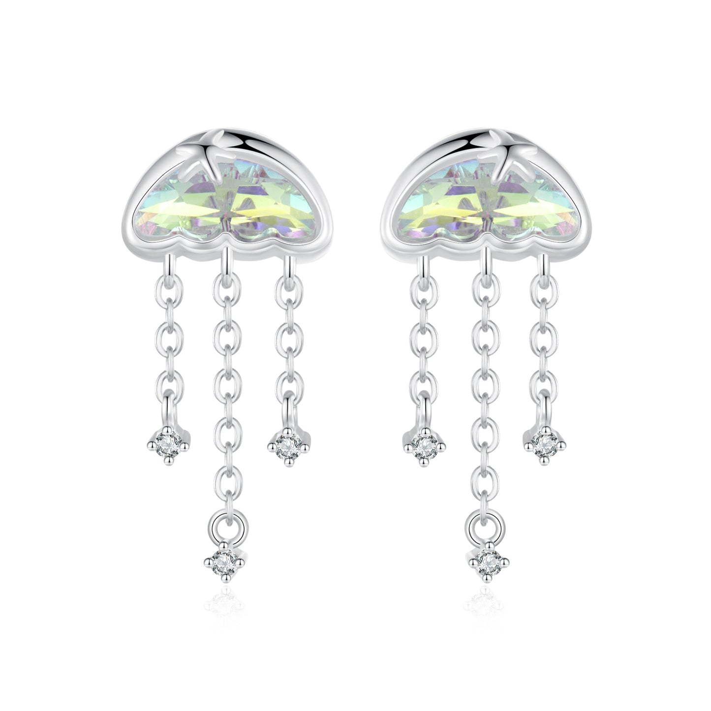 Stud Earrings Jellyfish Tassel Transparent Glass S925 Silver