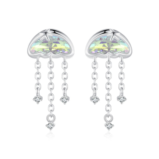 Stud Earrings Jellyfish Tassel Transparent Glass S925 Silver