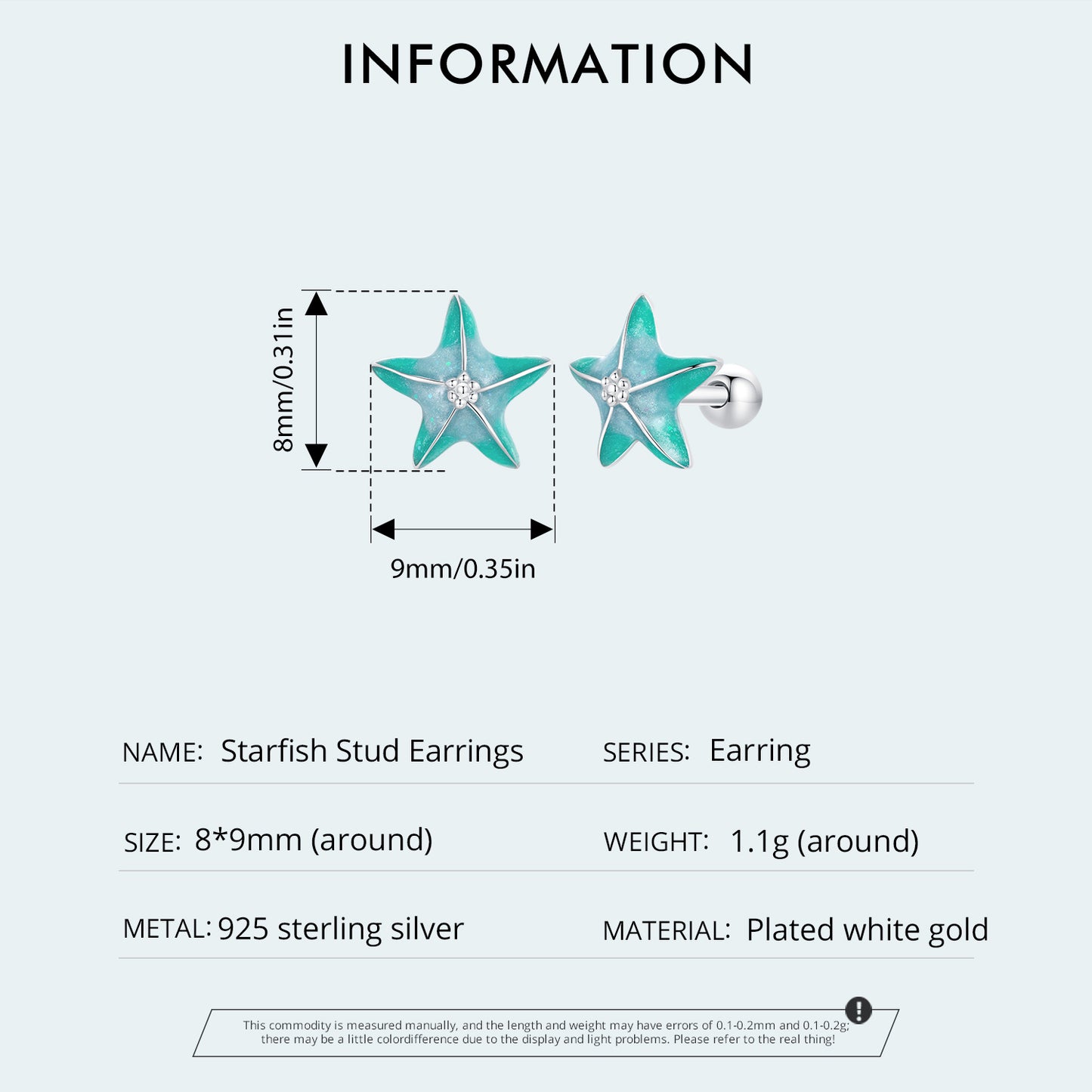 Stud Earrings Blue-Green gradient Starfish S925 Silver