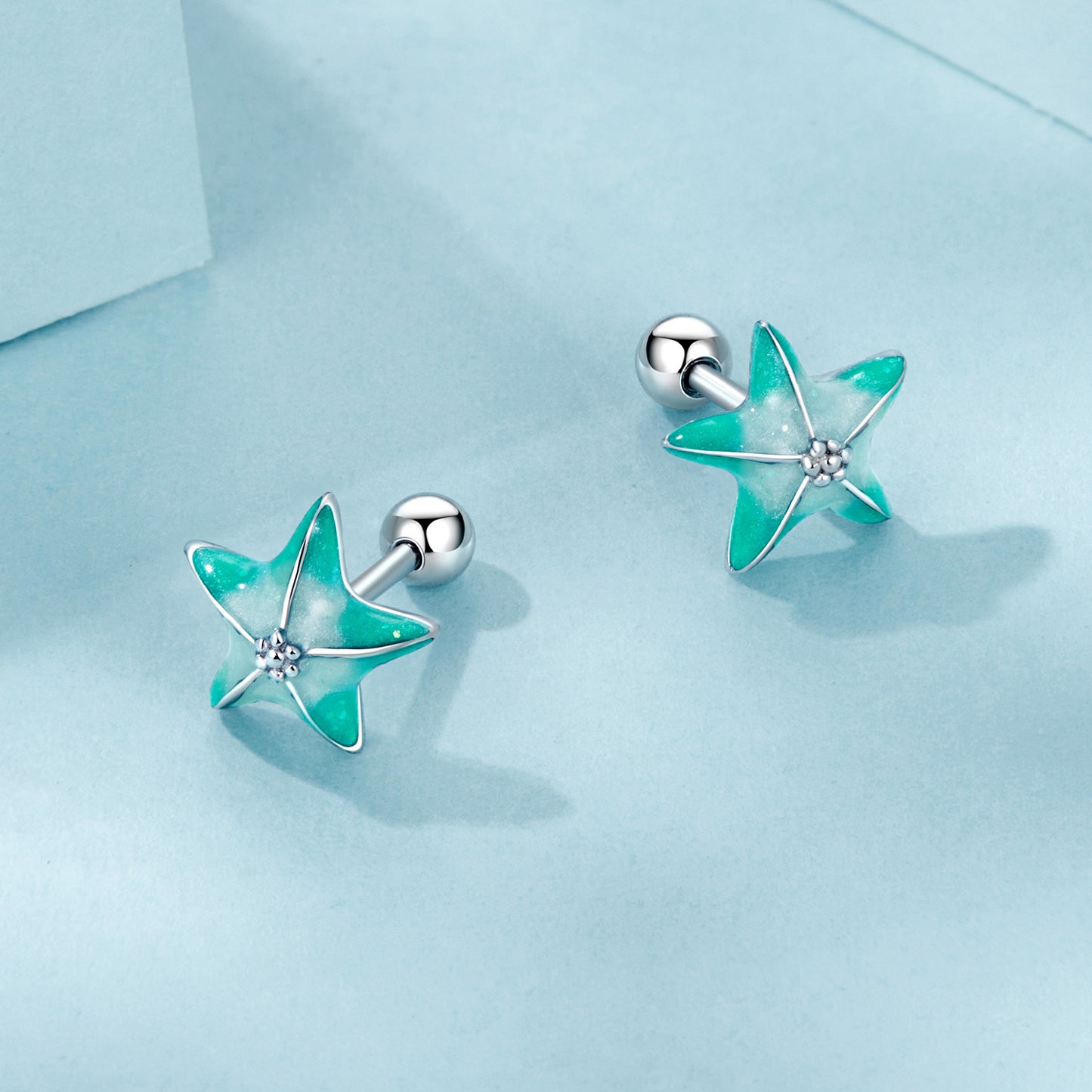 Stud Earrings Blue-Green gradient Starfish S925 Silver