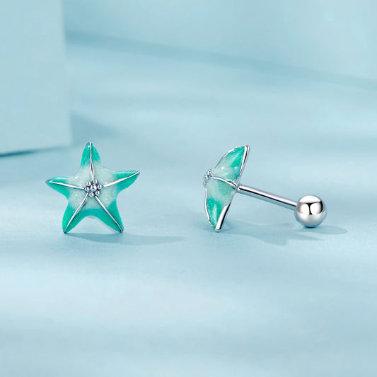 Stud Earrings Blue-Green gradient Starfish S925 Silver