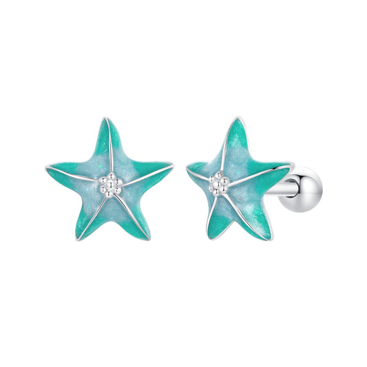 Stud Earrings Blue-Green gradient Starfish S925 Silver