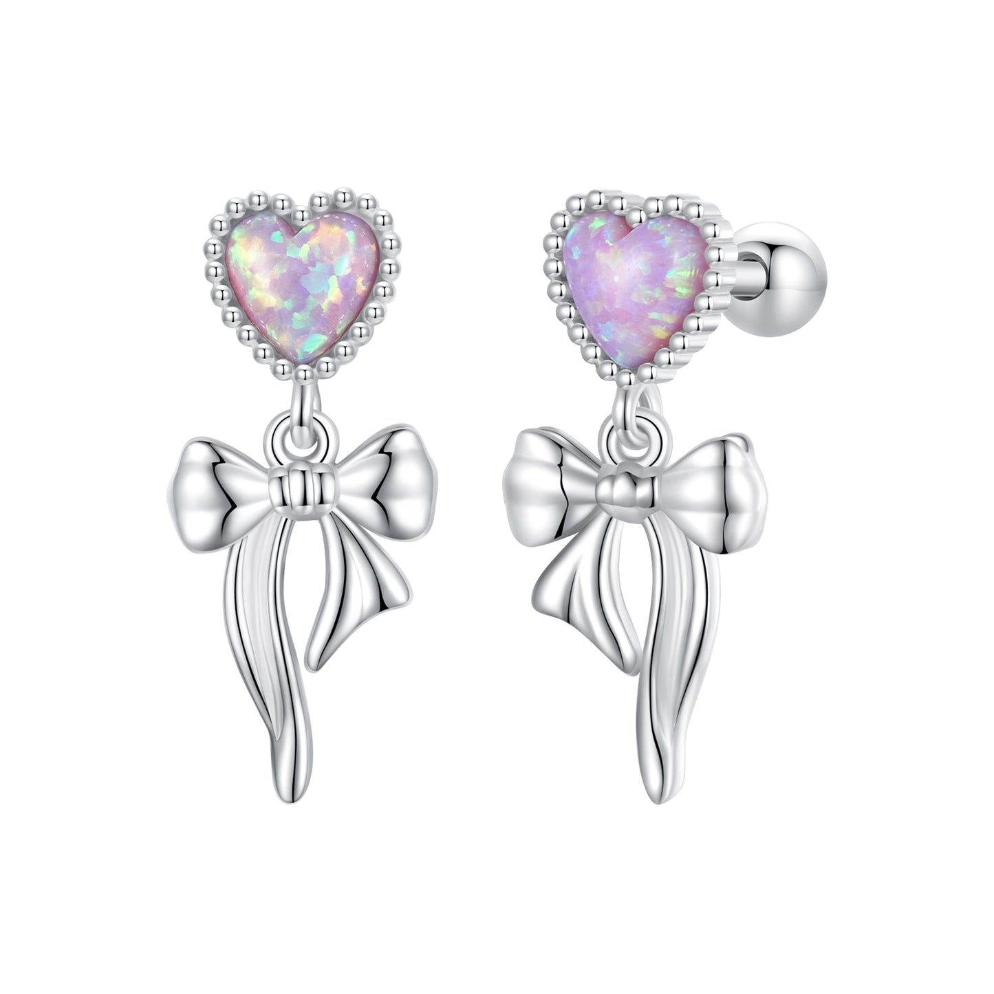 Stud Earrings Heart Opal With Bow Pendant S925 Silver