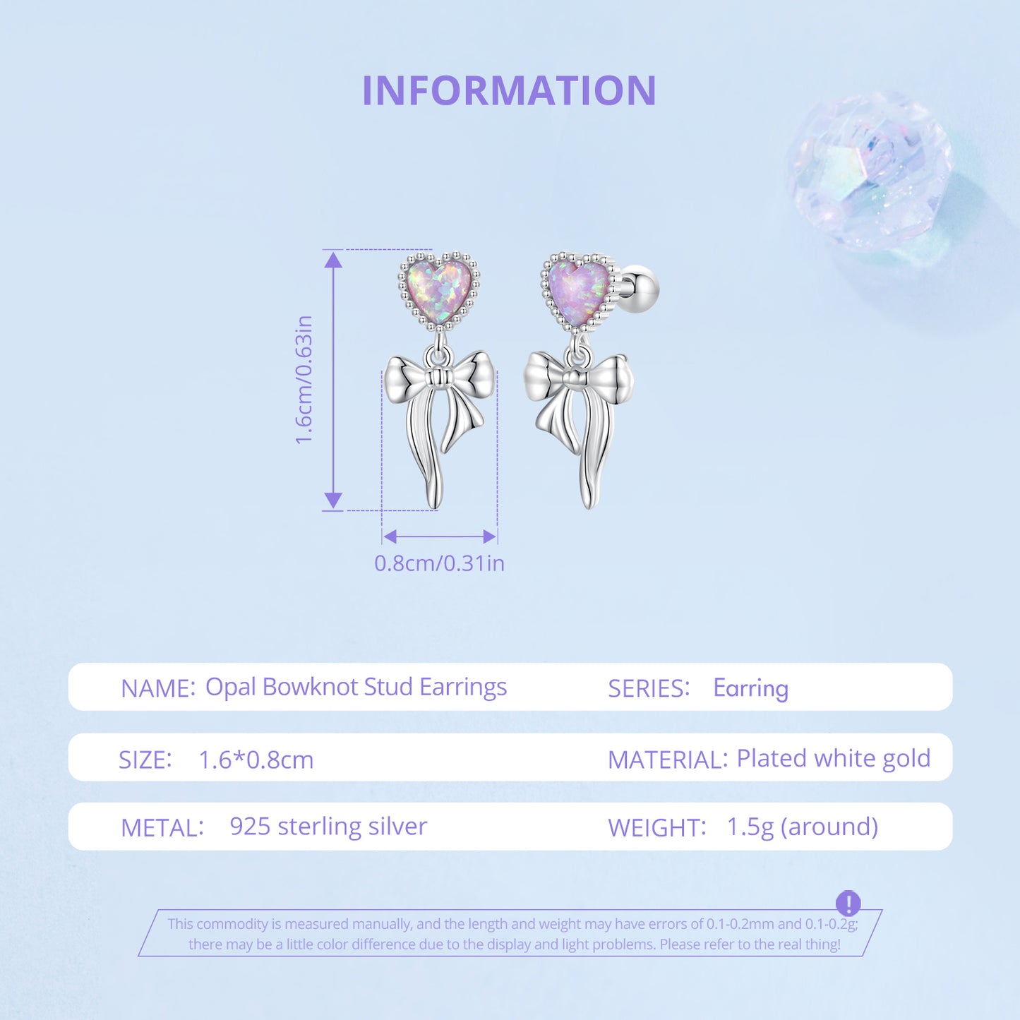 Stud Earrings Heart Opal With Bow Pendant S925 Silver