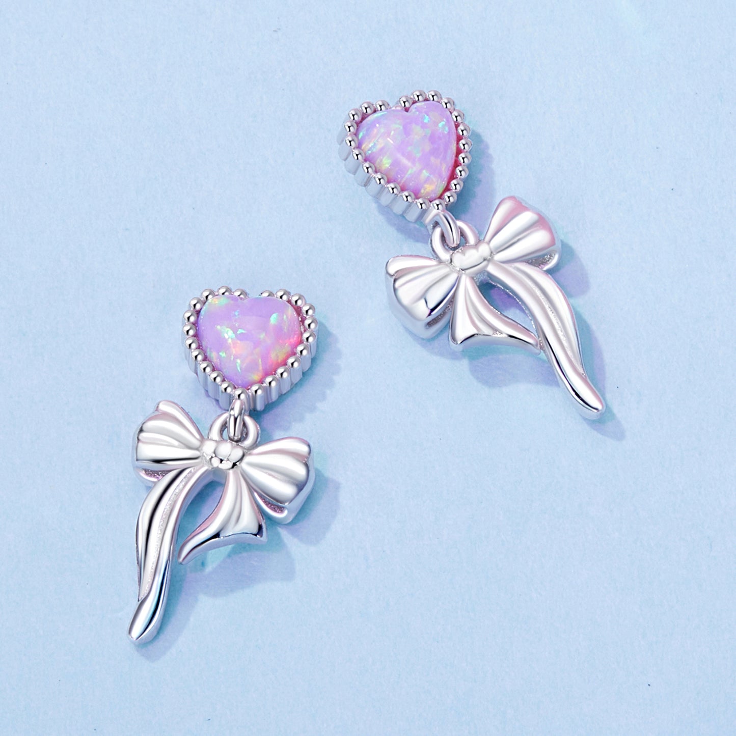 Stud Earrings Heart Opal With Bow Pendant S925 Silver