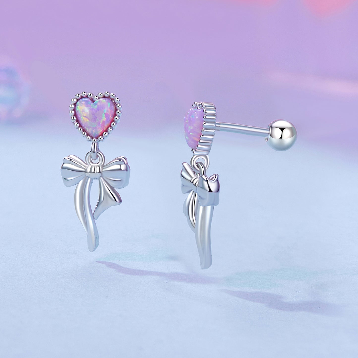 Stud Earrings Heart Opal With Bow Pendant S925 Silver