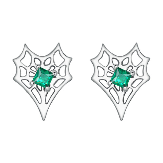 Stud Earrings Heart-shaped Spider Web S925 Silver With Green Stone