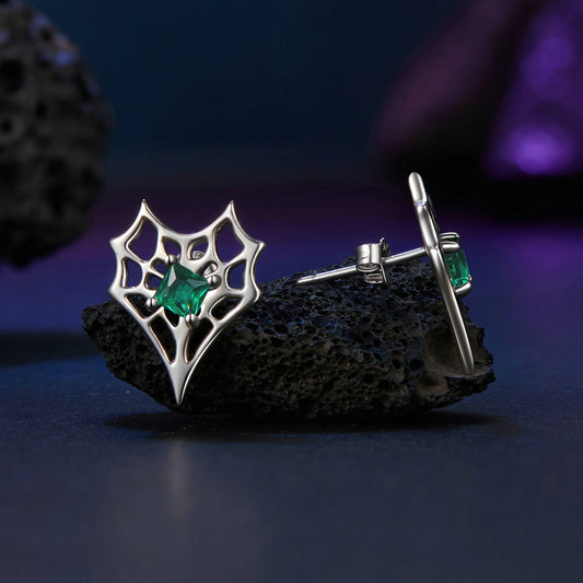 Stud Earrings Heart-shaped Spider Web S925 Silver With Green Stone