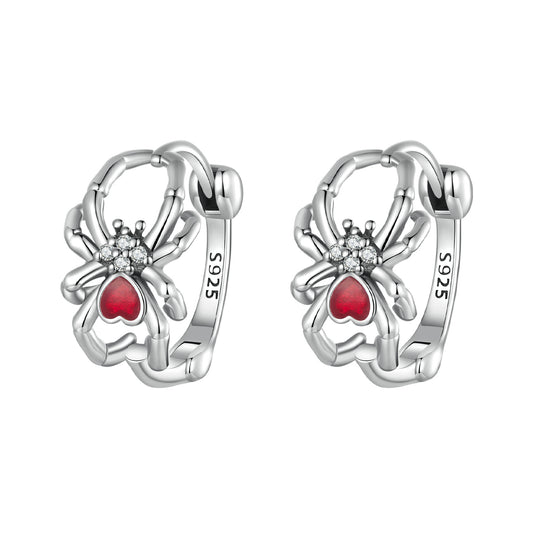 Hoop Earrings Spider With Red Heart-Shaped Stone S925 Silver