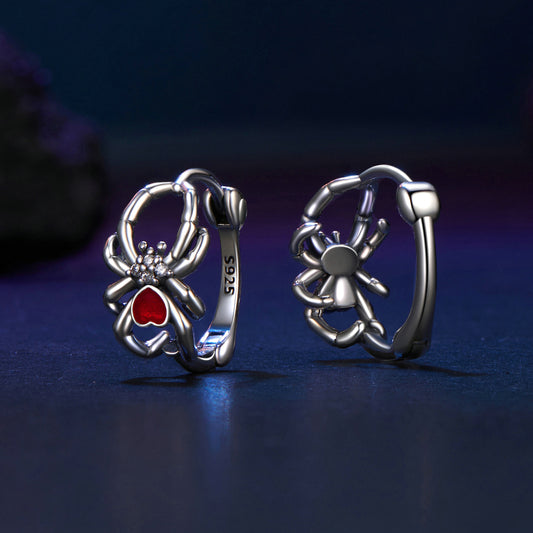 Hoop Earrings Spider With Red Heart-Shaped Stone S925 Silver